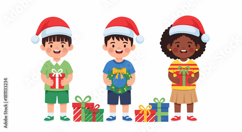 Three children wearing Santa hats, holding gifts and a wreath, celebrating Christmas.