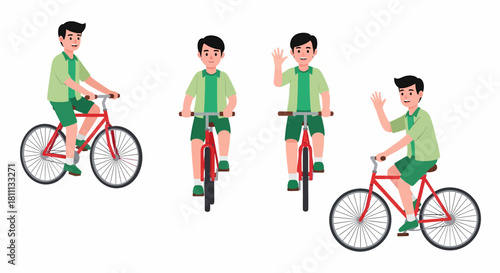 A young man riding a red bicycle in various poses, including front and side views, and waving.