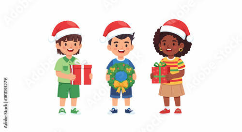 Three diverse children wearing Santa hats, holding gifts and a wreath, celebrating Christmas.
