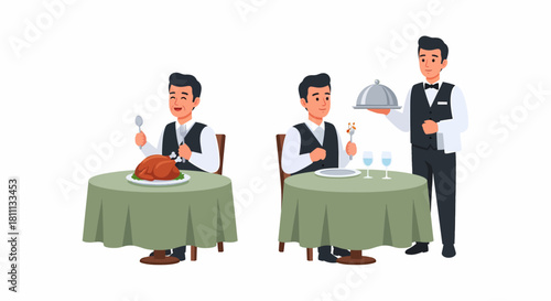 Cartoon illustration of a man dining in a restaurant, with one scene showing him with a whole roast chicken and another being served by a waiter with a cloche.