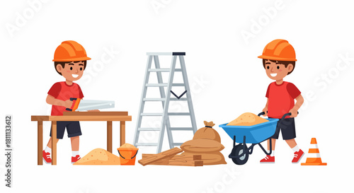 Two young boys in hard hats playing construction, one sawing wood, the other pushing a wheelbarrow with sand.