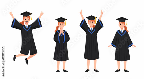 Four illustrations of a young woman in a graduation gown, celebrating her achievement with joy.
