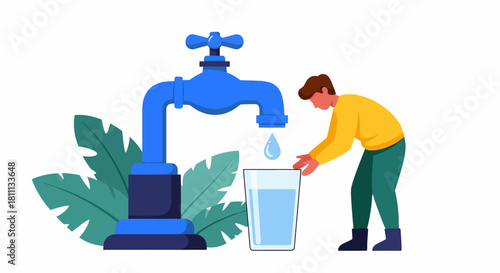Illustration of a man filling a glass with water from a tap, emphasizing water conservation and access to clean drinking water.