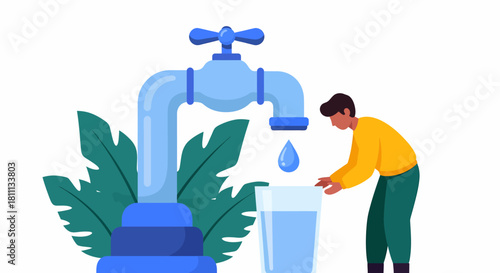 Illustration of a man filling a glass with water from a tap, emphasizing water conservation.