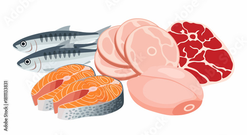 Assortment of various raw animal proteins, including fish, ham, and meat, ready for cooking.