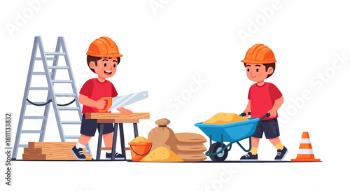 Two cute cartoon boys in hard hats playing as construction workers, one sawing wood and the other pushing a wheelbarrow.
