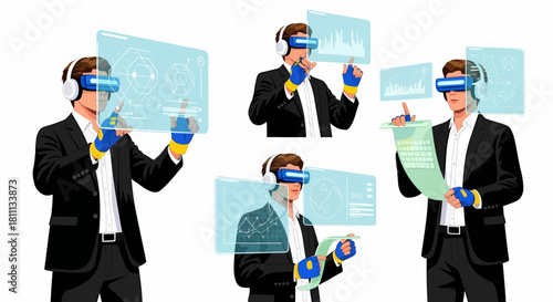 Illustration of a businessman using virtual reality glasses to interact with digital interfaces.