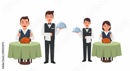 Cartoon illustration of waiters and a served turkey on a table.