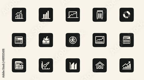 Collection of modern financial data analysis icons featuring bar charts, line graphs, pie charts, calculators for business statistics.