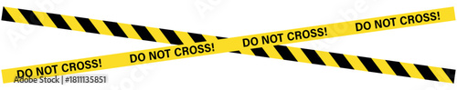 crime scene tape, Two yellow caution tapes with black stripes and do not cross message on a white background