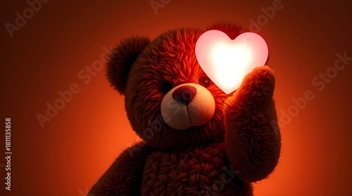 A cute teddy bear holding a bright heart for Valentine’s Day
