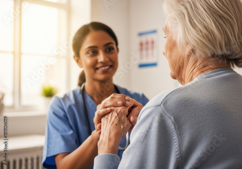 Caring Indian Healthcare Worker Holding Elderly Woman’s Hand in Clinic