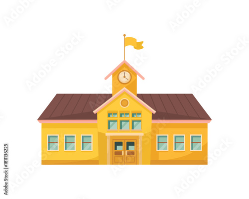 Cartoon yellow school building with clock tower and flag