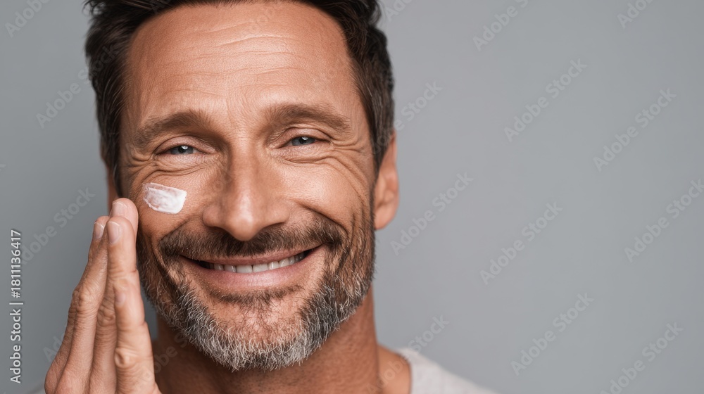 Obraz premium A cosmetics model who is male applies cream foundation to his face as part of a product demonstration