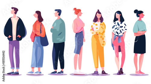 Diverse group of young adults standing, showcasing individuality, various casual fashion styles, and different poses
