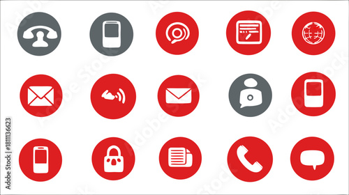 Collection of communication and technology vector icons for web, mobile apps, and digital contact interface in red and grey colors