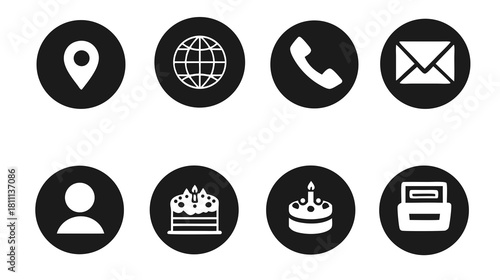 Modern flat black and white vector icon set: communication, contact info, location, user, web, phone, email, celebration, printer
