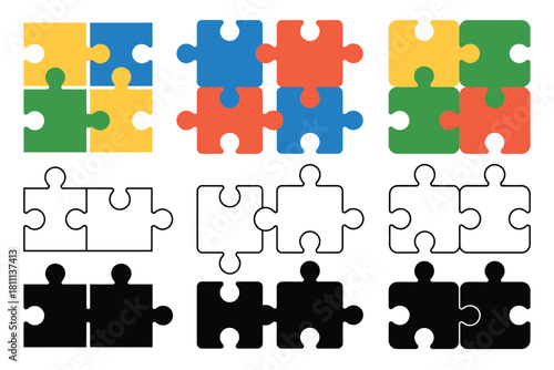 Colorful and black white puzzle pieces connecting and separated