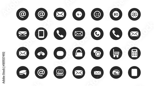 Modern communication icons set. Black circular contact us symbols for web design, business, and digital technology interface. Vector graphics.