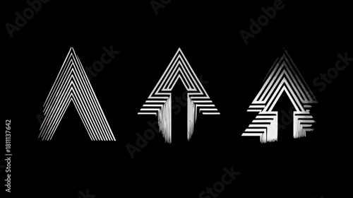 Abstract geometric upward arrows made of parallel lines on a black background, representing growth, progress, and modern technology.