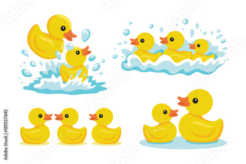 Cute yellow rubber ducks in various playful bath time scenes