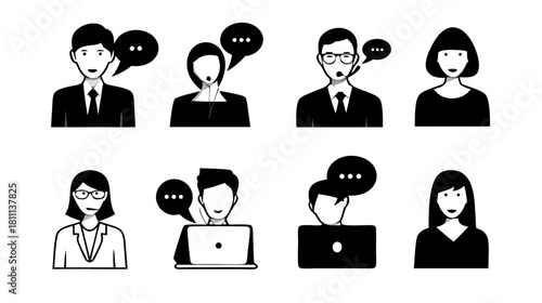 Diverse business people communication icons set. Professional avatars for customer support, online chat, discussion, and remote work.