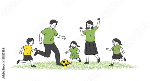 Joyful family playing soccer together outdoors on a sunny day, creating cherished memories and promoting active lifestyles for all ages.