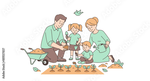 Joyful family plants seedlings together in vibrant garden, learning about nature and nurturing life