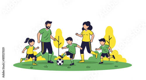 Joyful family playing soccer together in a vibrant park, celebrating active outdoor recreation and healthy lifestyle moments