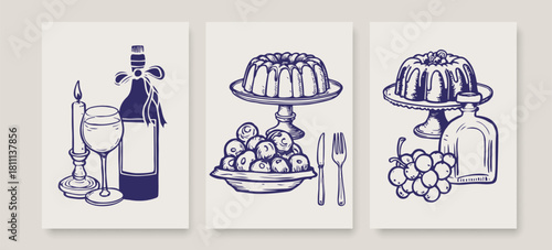 Wall Art Posters Set for Kitchen, Cafe, Food and Menu Design in Hand Drawn Sketch Doodles Style. wall Art Print Collection of Food Drawings in Sketch Trendy Style. Vector Illustration