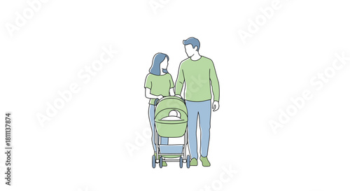 Loving parents stroll with their newborn baby in a modern stroller, embracing family joy and new beginnings