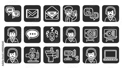 Customer Service, Communication, and Contact Icons Set. Digital Support, Online Chat, Email, and Helpdesk Symbols.