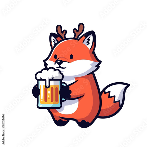 A cute cartoon fox with small antlers holding a frothy mug of beer.