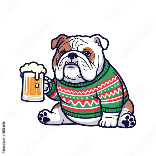 A cartoon bulldog wearing a festive green and red ugly Christmas sweater, holding a frothy mug of beer.