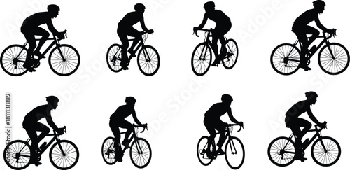 Cyclist silhouette set, man riding road bike vector, bicycle rider sport collection, black isolated icons