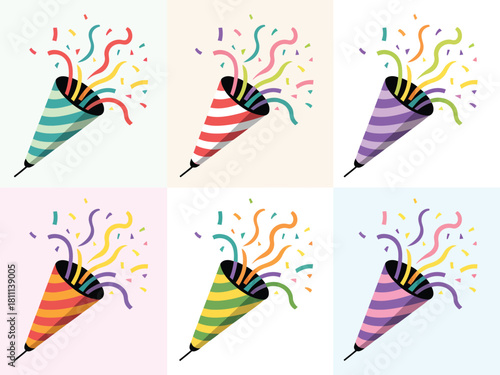 Collection of colorful party poppers exploding with confetti and streamers