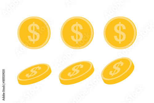 Six golden coins with dollar signs on white background