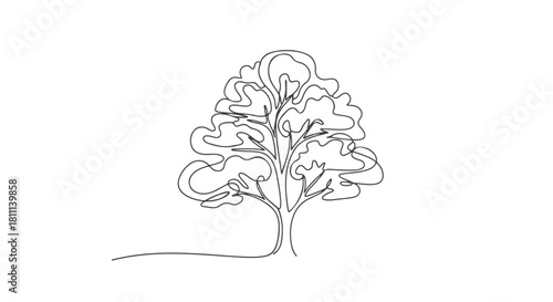 Continuous single line drawing of a majestic tree, a minimalist artistic vector illustration representing nature, environment, and simplicity