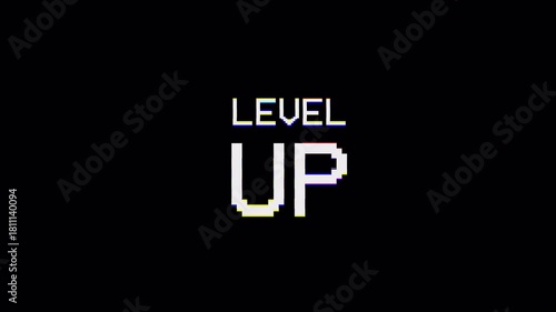 Glitch level up Text Animation Loop 4K Alpha Channel, Dynamic Pixel Retro Gaming Title Design