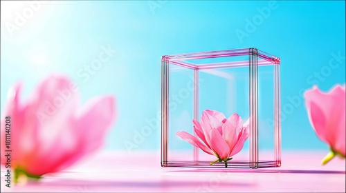 A delicate pink flower is enclosed within a transparent geometric cube, set against a vibrant blue sky with soft pink flowers in the foreground and background.