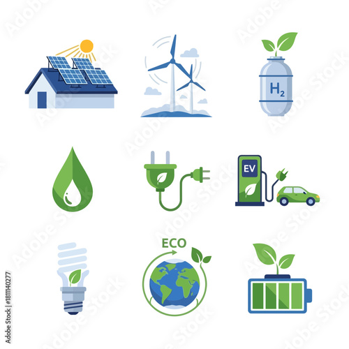 Collection of nine vector icons depicting renewable energy sources and eco-friendly practices.
