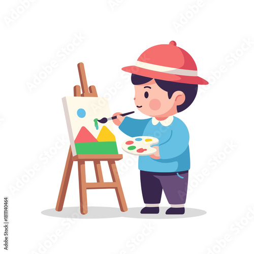 A young child artist painting a colorful landscape scene on a canvas.
