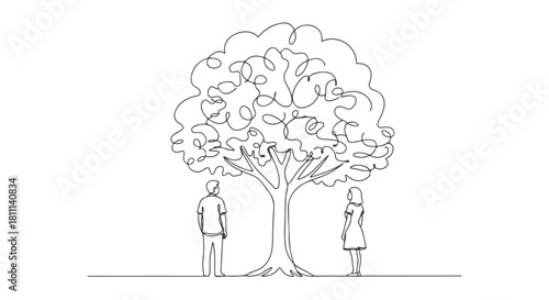 A minimalist single continuous line drawing of a man and woman standing apart under a large tree, representing relationships and connection. d