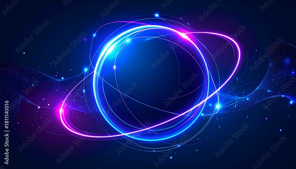 Obraz premium A vibrant digital artwork featuring a luminous, glowing orb encircled by orbiting rings against a deep blue, cosmic background