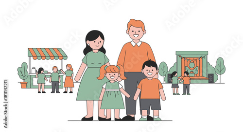 Joyful family enjoying a vibrant outdoor festival with food stalls and live music, creating cherished memories together.