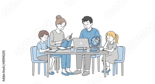 Joyful family collaborates on learning and discovery at home, fostering education and togetherness with books and technology