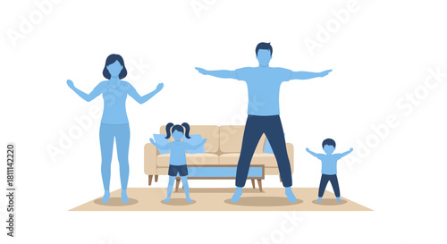 Vibrant family exercises together at home, promoting health and togetherness in a modern living room setting