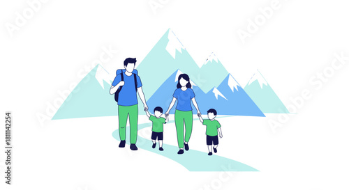 Joyful family of four hiking together through scenic mountains creating lasting memories outdoors