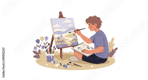 Young artist joyfully paints a serene landscape, surrounded by nature's beauty and art supplies, capturing creative inspiration outdoors.