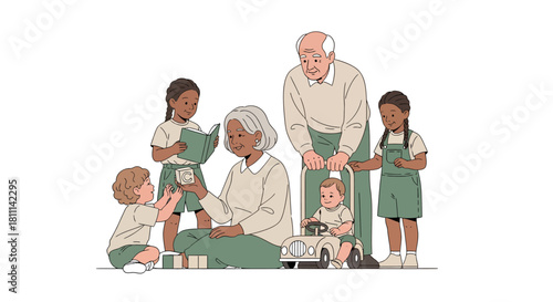 Loving grandparents create joyful memories teaching and playing with diverse grandchildren in a warm, engaging family scene